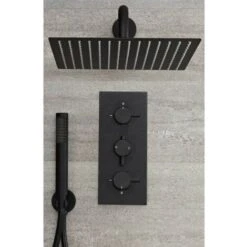 Milano Nero - Modern 2 Outlet Triple Thermostatic Mixer Shower Valve With 300mm Wall Mounted Square Rainfall Shower Head And Hand Shower Handset Kit - Black