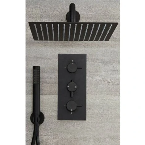 Milano Nero - Modern 2 Outlet Triple Thermostatic Mixer Shower Valve With 300mm Wall Mounted Square Rainfall Shower Head And Hand Shower Handset Kit - Black