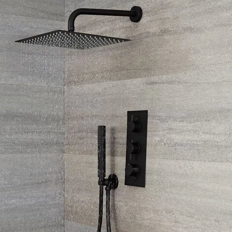 Milano Nero - Modern 2 Outlet Triple Thermostatic Mixer Shower Valve With 300mm Wall Mounted Square Rainfall Shower Head And Hand Shower Handset Kit - Black - Image 2