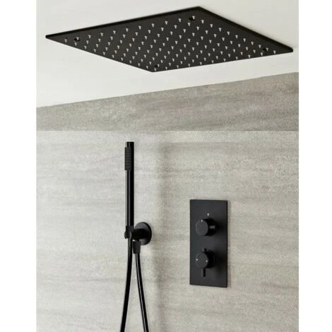 Milano Nero - Modern Black Concealed Twin Diverter Thermostatic Mixer Shower Valve With 400mm Square Ceiling Mounted Recessed Rainfall Shower Head And Hand Shower Handset Kit