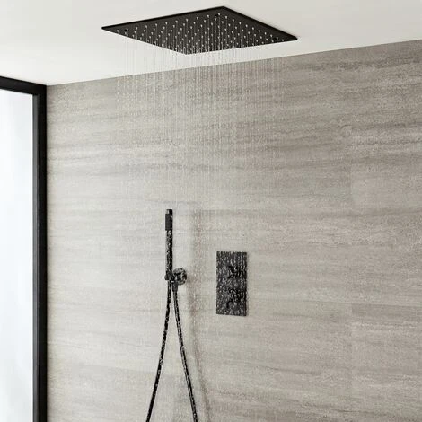 Milano Nero - Modern Black Concealed Twin Diverter Thermostatic Mixer Shower Valve With 400mm Square Ceiling Mounted Recessed Rainfall Shower Head And Hand Shower Handset Kit - Image 2