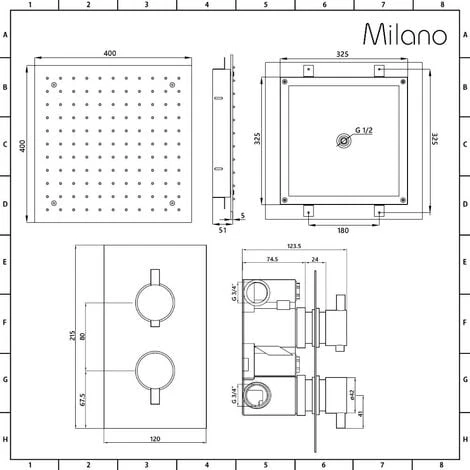 Milano Nero - Modern Black Concealed Twin Diverter Thermostatic Mixer Shower Valve With 400mm Square Ceiling Mounted Recessed Rainfall Shower Head And Hand Shower Handset Kit - Image 4