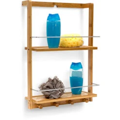 Relaxdays Bamboo Shower Caddy Shelf Organiser With 2 Shelves Shower Rack With Moisture-Resistant Wood For Kitchen And Bathroom Bathroom Shelf Or Spice Rack With 4 Hand Towel Hook, Natural