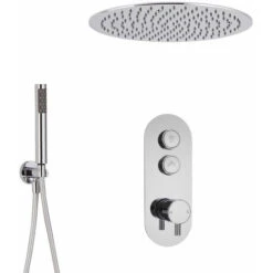 Milano Orta - Modern Two Outlet Push Button Thermostatic Shower Mixer Valve With 400mm Round Ceiling Mounted Recessed Rainfall Shower Head And Hand Shower Handset Kit - Chrome