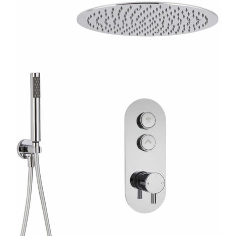 Milano Orta - Modern Two Outlet Push Button Thermostatic Shower Mixer Valve With 400mm Round Ceiling Mounted Recessed Rainfall Shower Head And Hand Shower Handset Kit - Chrome