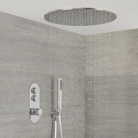 Milano Orta - Modern Two Outlet Push Button Thermostatic Shower Mixer Valve With 400mm Round Ceiling Mounted Recessed Rainfall Shower Head And Hand Shower Handset Kit - Chrome - Image 2