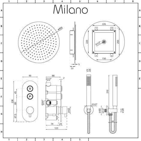 Milano Orta - Modern Two Outlet Push Button Thermostatic Shower Mixer Valve With 400mm Round Ceiling Mounted Recessed Rainfall Shower Head And Hand Shower Handset Kit - Chrome - Image 5