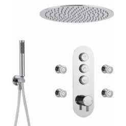 Milano Orta - Modern Three Outlet Push Button Thermostatic Shower Mixer Valve With 400mm Ceiling Mounted Round Rainfall Shower Head&44 Hand Shower Handset Kit And Body Jets - Chrome