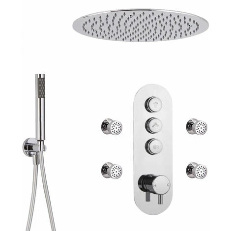 Milano Orta - Modern Three Outlet Push Button Thermostatic Shower Mixer Valve With 400mm Ceiling Mounted Round Rainfall Shower Head&44 Hand Shower Handset Kit And Body Jets - Chrome