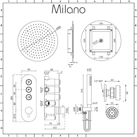 Milano Orta - Modern Three Outlet Push Button Thermostatic Shower Mixer Valve With 400mm Ceiling Mounted Round Rainfall Shower Head&44 Hand Shower Handset Kit And Body Jets - Chrome - Image 5