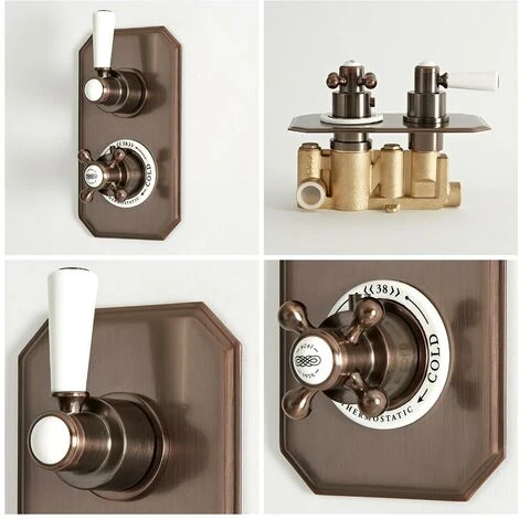 Milano Elizabeth - Traditional Twin Thermostatic Mixer Shower Valve With Round Fixed Rainfall Shower Head And Wall Mounted Shower Arm - Oil Rubbed Bronze - Image 4