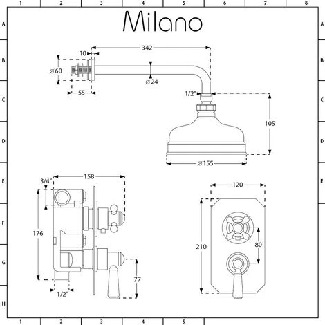 Milano Elizabeth - Traditional Twin Thermostatic Mixer Shower Valve With Round Fixed Rainfall Shower Head And Wall Mounted Shower Arm - Oil Rubbed Bronze - Image 5