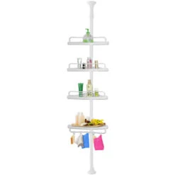 Deuba Telescopic Shower Rack Shelf 155-290 Cm Adjustable White Corner Bathroom Shelves Organiser White 4 Tier Bath