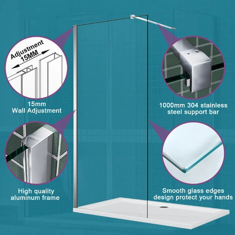 ELEGANT Frameless Wet Room 1200mm Shower Screen Panel 8mm Easy Clean Glass Walk In Shower Enclosure With Stainless Steel Support Bar - Image 5