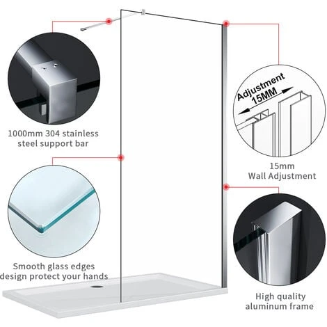 ELEGANT 900mm Walk In Wetroom Shower Enclosure 8mm Easy Clean Glass Frameless Shower Screen Panel - Image 5