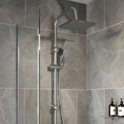Bathroom Shower Kit Adjust Riser Rail Hose Twin Shower Heads Chrome Square Set