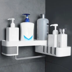 Livingandhome Wall Mounted Bathroom Corner Rack Shower Shampoo Storage Holder, White And Grey