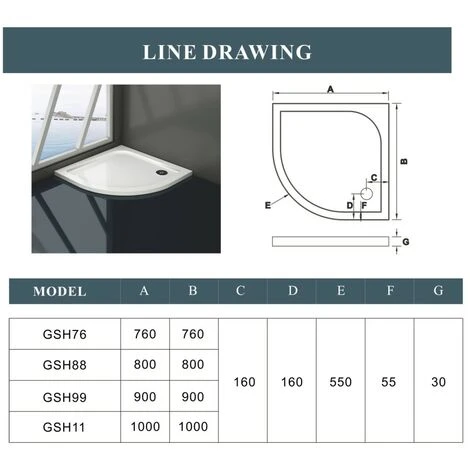 760x760x30mm Quadrant Stone Resin Tray+Waste For Shower Enclosure Doors Cubicle - Image 2