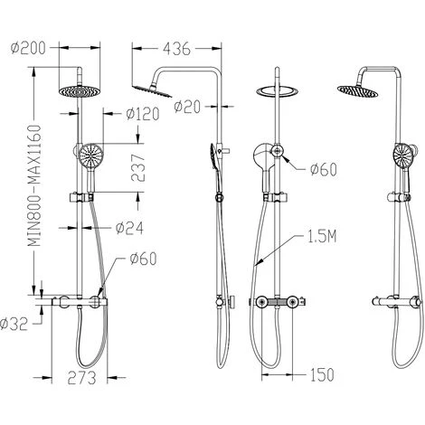 AICA Thermostatic Exposed Shower Mixer Bathroom Twin Head Large Round Bar Set Chrome - Image 5