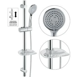 Chrome Stainless Steel Shower Riser Rail Kit + Shower Head + Hose + Soap Dish