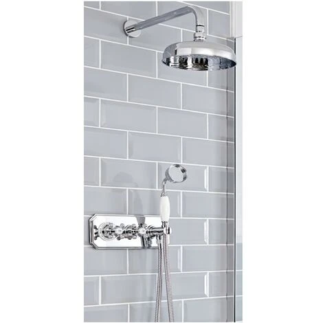 Milano Elizabeth - Traditional 2 Outlet Twin Diverter Thermostatic Mixer Shower Valve With 200mm Round Rainfall Shower Head And Hand Shower Handset - Chrome & White