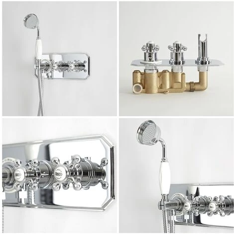 Milano Elizabeth - Traditional 2 Outlet Twin Diverter Thermostatic Mixer Shower Valve With 200mm Round Rainfall Shower Head And Hand Shower Handset - Chrome & White - Image 4