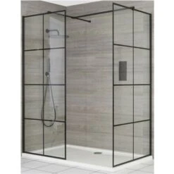 Milano Barq - Corner Walk In Wet Room Shower Enclosure With Grid Pattern Screens&44 Support Arms And 1400mm X 800mm White Tray - Black