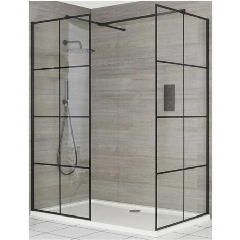 Milano Barq - Corner Walk In Wet Room Shower Enclosure With Grid Pattern Screens&44 Support Arms And 1400mm X 800mm White Tray - Black