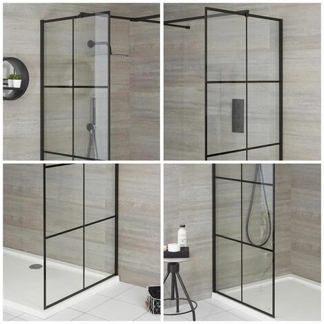 Milano Barq - Corner Walk In Wet Room Shower Enclosure With Grid Pattern Screens&44 Support Arms And 1400mm X 800mm White Tray - Black - Image 2