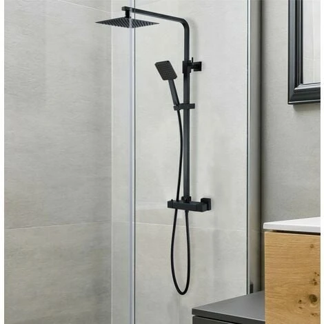 Matt Black Thermostatic Mixer Shower Set Square Black Twin Head Exposed Valve - Image 2