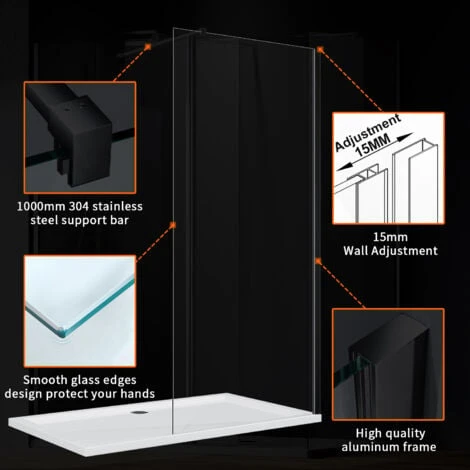 ELEGANT Walk In Shower Screen 8mm Nano Glass Black Wet Room Frameless Shower Enclosure 900mm - Image 2