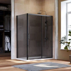 ELEGANT Black Shower Enclosure Sliding 1000 X 800 Mm Bathroom 8mm Nano Glass Shower Enclosure Easy Clean With 800mm Side Panel + Shower Tray And Waste