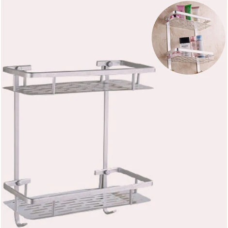 Two Tier Shower Basket Shelf With Hanging Sponge And Razor Hooks Shampoo Holder Organizer Wall Mounted Bathroom Shelf No Adhesive Silver - Image 2