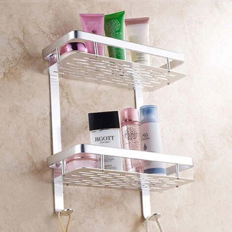 Two Tier Shower Basket Shelf With Hanging Sponge And Razor Hooks Shampoo Holder Organizer Wall Mounted Bathroom Shelf No Adhesive Silver - Image 3