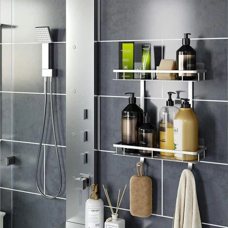 Two Tier Shower Basket Shelf With Hanging Sponge And Razor Hooks Shampoo Holder Organizer Wall Mounted Bathroom Shelf No Adhesive Silver - Image 4