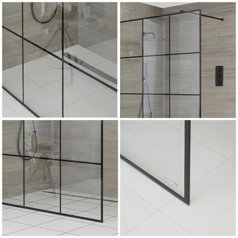 Milano Barq - 700mm Black Recessed Walk In Wet Room Shower Enclosure With Grid Pattern Screen And Support Arm - No Shower Drain - Image 2