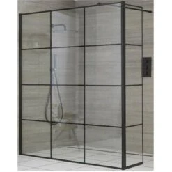 Milano Barq - 700mm Black Recessed Walk In Wet Room Shower Enclosure With Grid Pattern Screen&44 Hinged Return Panel And Support Arm - No Shower Drain
