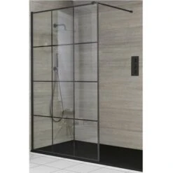 Milano Barq - Black Recessed Walk In Wet Room Shower Enclosure With Grid Pattern Screen&44 Support Arm And Graphite Slate Effect Tray - 1100mm X 700mm