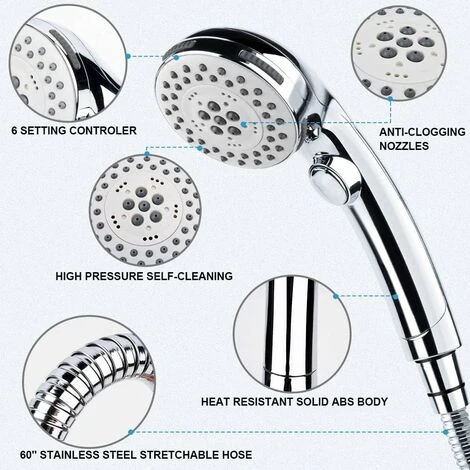 Handheld Shower Head With Hose -5 Spray Settings Removable High Pressure Shower Head With On / Off Switch -Chrome (A) SOEKAVIA - Image 3