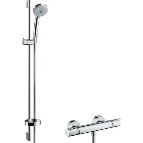Hansgrohe Croma 100 Shower Set With Ecostat Comfort Thermostatic Mixer And Shower Rail 90 Cm + 3jets Hand Shower , Chrome (27085000)