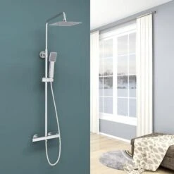 Acezanble Bathroom Thermostatic Mixer Shower Set Square Chrome Twin Head Exposed Valve