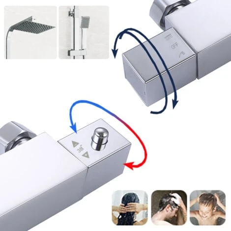 Acezanble Bathroom Thermostatic Mixer Shower Set All Square Chrome Twin Head Exposed Valve - Image 2
