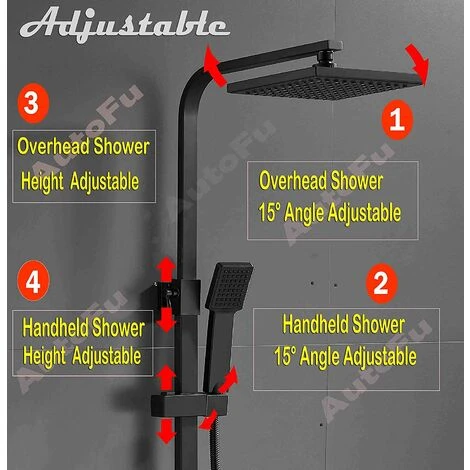 Black Luxury Thermostatic Mixer Brass Diverter Valve Squre Shower Bar Big Head, Adjustable Height Exposed Riser Rail Shower Hose All-in-One Chrome Rainfall Shower Mixer Set - Image 2
