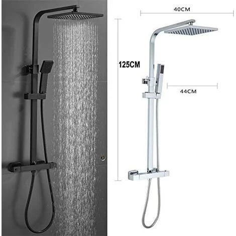 Black Luxury Thermostatic Mixer Brass Diverter Valve Squre Shower Bar Big Head, Adjustable Height Exposed Riser Rail Shower Hose All-in-One Chrome Rainfall Shower Mixer Set - Image 5