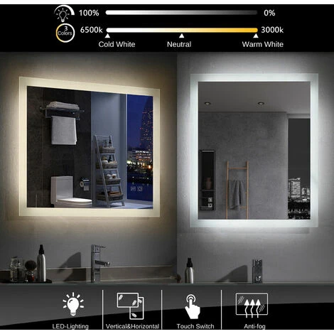 MIQU 600 X 500mm Bathroom Mirrors With LED Lights Illuminated Backlit Wall Mount Light Up Mirror 3 Color Dimmable Anti Fog Switch Heated Pad Demister Horizontal/Vertical - Image 2