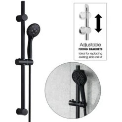Matt Black Shower Riser Rail Kit Round Adjustable + 3 Mode Shower Head + Hose