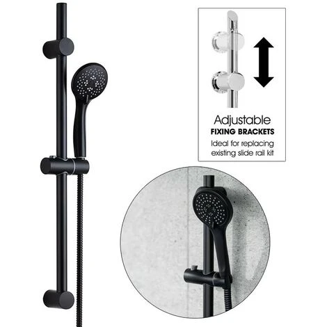 Matt Black Shower Riser Rail Kit Round Adjustable + 3 Mode Shower Head + Hose