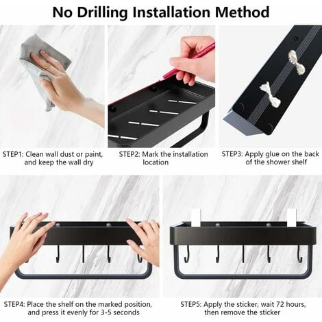 Shower Shelf Without Drilling Bathroom Shelf With Towel Rail And Aluminum Hook Storage Shelf For Shower And Kitchen Set Of 2 Black - Image 4