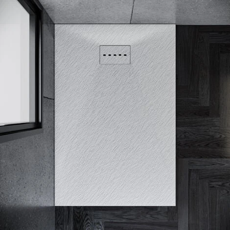 ELEGANT 1200 X 700 X 30 Mm Low Profile Shower Tray Anti-Slip Rectangular White Shower Tray For Shower Enclosure Cubicle With Waste Trap, Slate Drain Cover