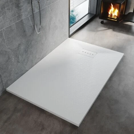 ELEGANT Low Profile Shower Tray White Anti Slip Shower Tray Rectangular Slate Effect Shower Base Tray 1200 X 800 X 30 Mm With Free Waste Trap, Slate Drain Cover